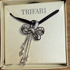 Trifari Silver Bow Pendant Necklace with Crystal Tassels on Black Ribbon